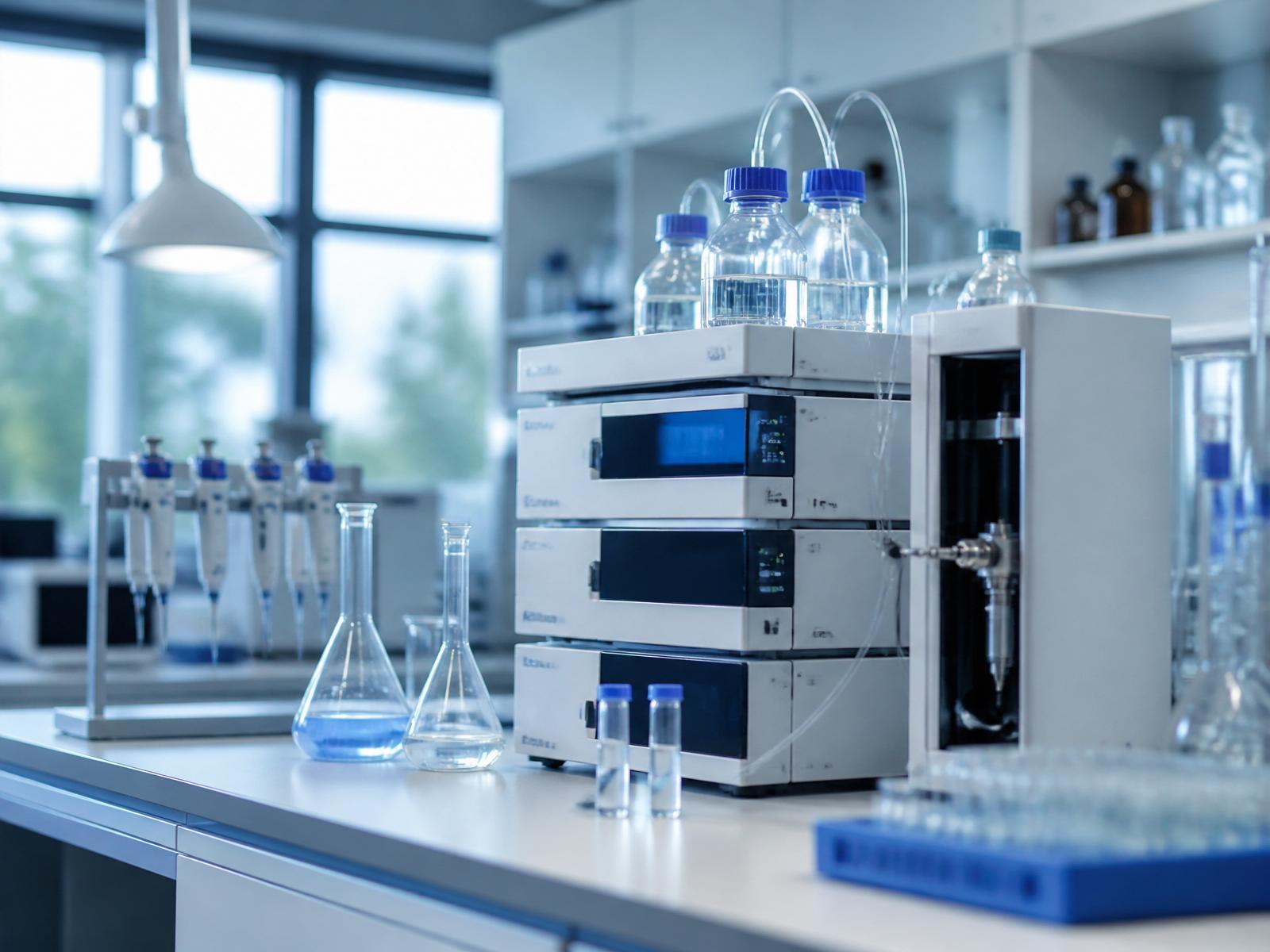 Analytical laboratory bench with chromatography equipment and glassware